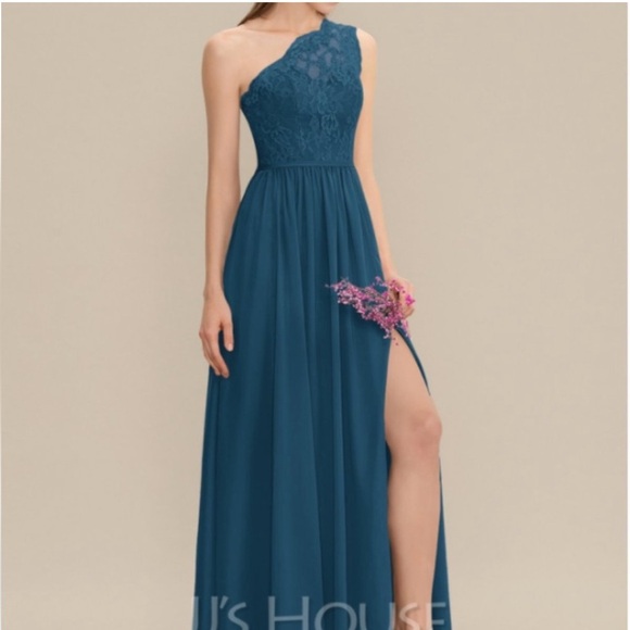 Blue floor length one shoulder embroidered chiffon bridesmaid gown dress - Picture 1 of 6